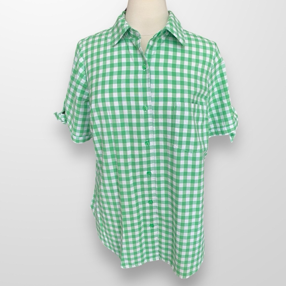 Roamans Womens Size 14 W Blouse Top Shirt Green Gingham Short Sleeve Casual - Picture 2 of 7